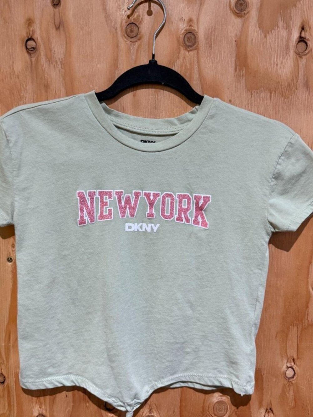 DKNY Girls Short Sleeve Tee Pale Sage Green New York Glitter Size 8